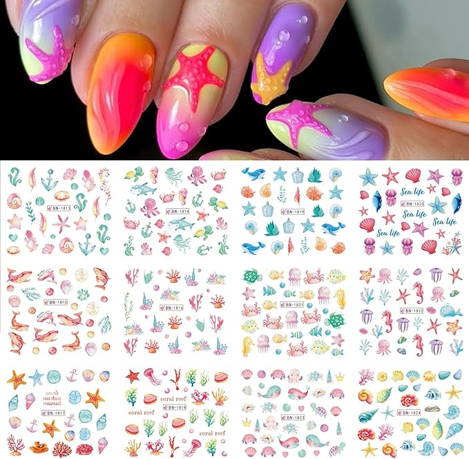 Summer Nail Stickers for Nail Art 36 Designs Ocean Water Transfer Nail Decals Sea Shell Starfish Jellyfish Sea Turtle Seaweed DIY Stickers Nails Supplies Vacation Beach Manicure Decoration 3 Sheets
