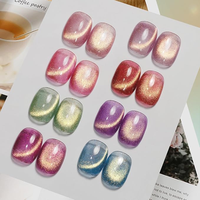 MIZHSE Cat Eye Gel Nail Polish, Magnetic Gel Polish Set with Magnet, Shimmery Cateye Effect Neon Pink Green Purple Colors Soak Off Nail Art Manicure Home Gift for Ladies