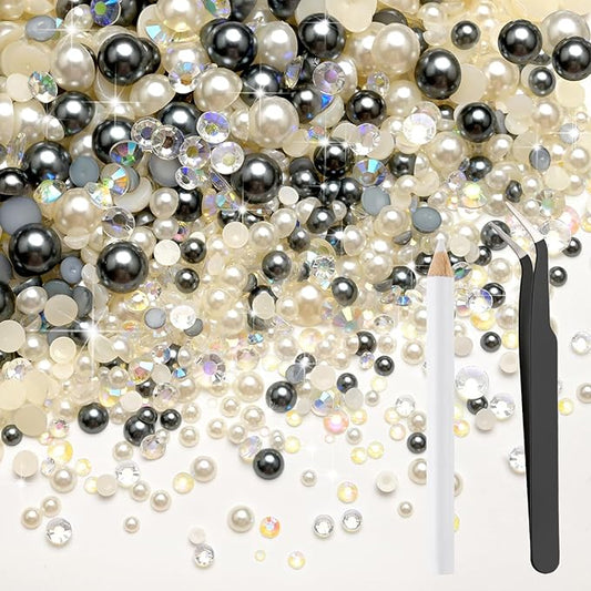 80g Mix Flatback Pearls and Rhinestones for Crafts Silver Gray White Mixed Size 2mm-10mm Half Round Pearls Rhinestones for Nail Art Tumblers Shoes DIY Bedazzling with Tweezers Wax Pen