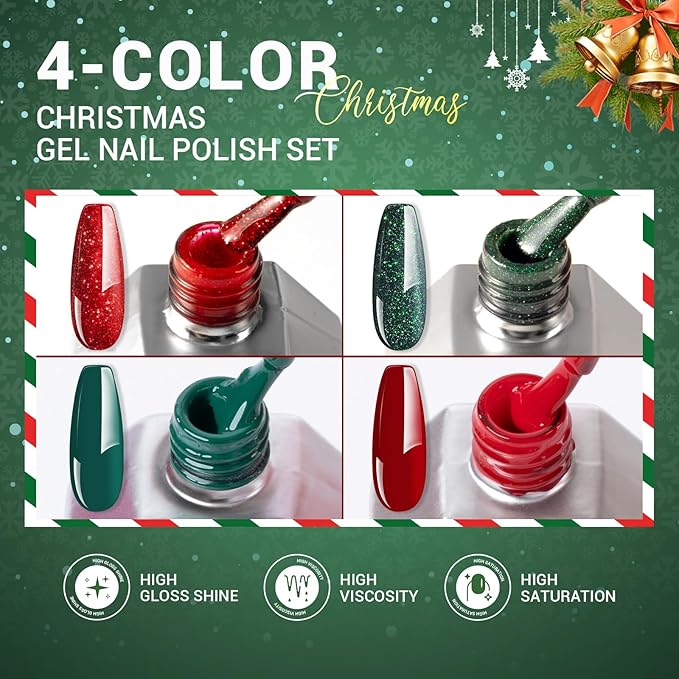 MelodySusie 15ML Christmas Gel Nail Polish Set: Christmas 4 Colors Green and Red Gel Polish Nails Soak Off UV LED Christmas Gel Polish Set Gifts for Women Girls Nail Art Manicure Salon DIY Nail Design