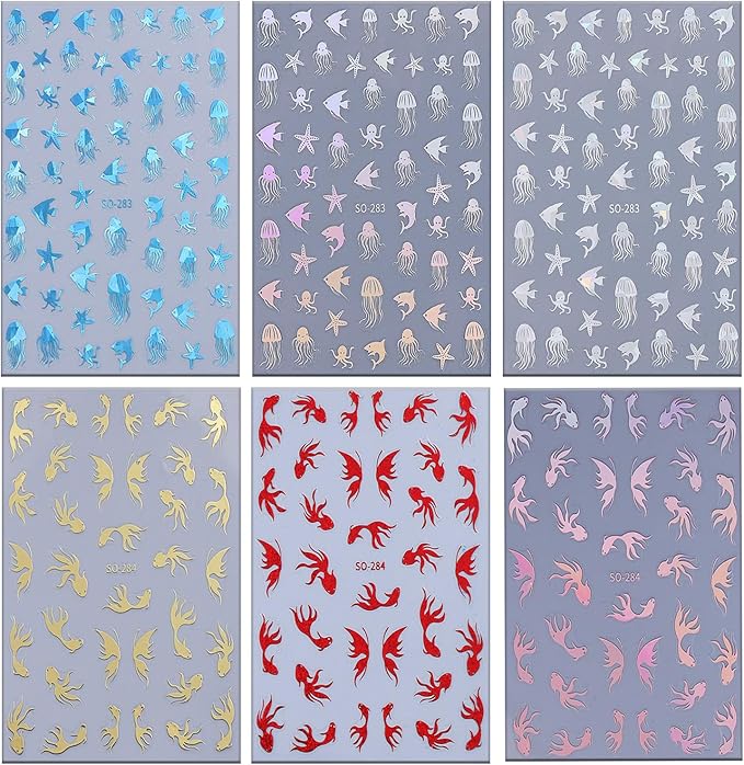 6 Sheets Ocean Animals Nail Art Stickers 3D Self -Adhesive Starfish Jellyfish Nail Decals Holographic Cute Koi Fish Octopus Nail Stickers Summer Nail Decoration for Women Manicure Supplies