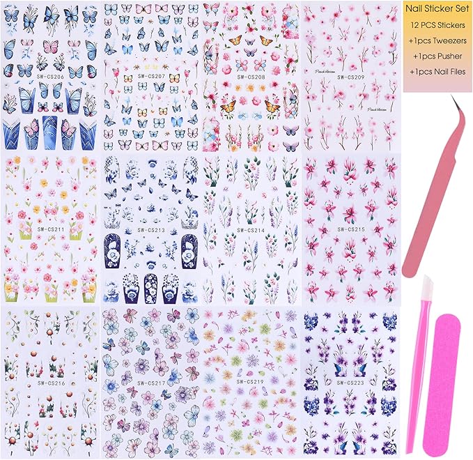 Flower Stickers for Nail Art Decals - 12 Sheets Spring Butterfly Nail Stickers with Tweezers 3D Floral Leaves Plant Nail Art Designs DIY Self Adhesive Daisy Blossom Nail Supplies Decorations