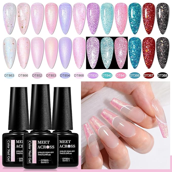 MEET ACROSS 12PCS Gel Nail Polish Set, 12 Colors Gel Nail Kit Art Design Soak Off UV LED,Nail Art Design Gifts for Women (SET-8, 12PCS)