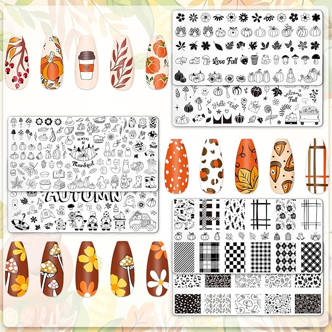 Whaline 6Pcs Fall Nail Plates Stamping Set Pumpkin Leaves Stamp Templates Nail Art Plates for Autumn Harvest Thanksgiving DIY Print Manicure Salon Design
