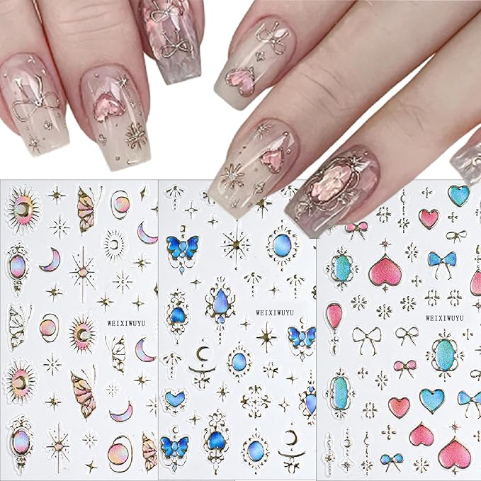 3Sheets Butterfly Nail Art Stickers Retro Heart Style Nail Decals Red Blue Butterfly Nail Stickers Embossed Self-Adhesive Star Moon Bow Patterns Design Nail Supplies for Women DIY Nail Decorations