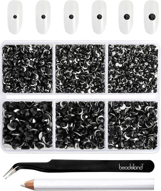 Beadsland 4300pcs Flatback Rhinestones,Black Rhinestone Nail Gems Round Crystal Rhinestones for Crafts,Mixed 6 Sizes with Picking Tweezers and Wax Pencil Kit, SS6-SS20,Jet Black