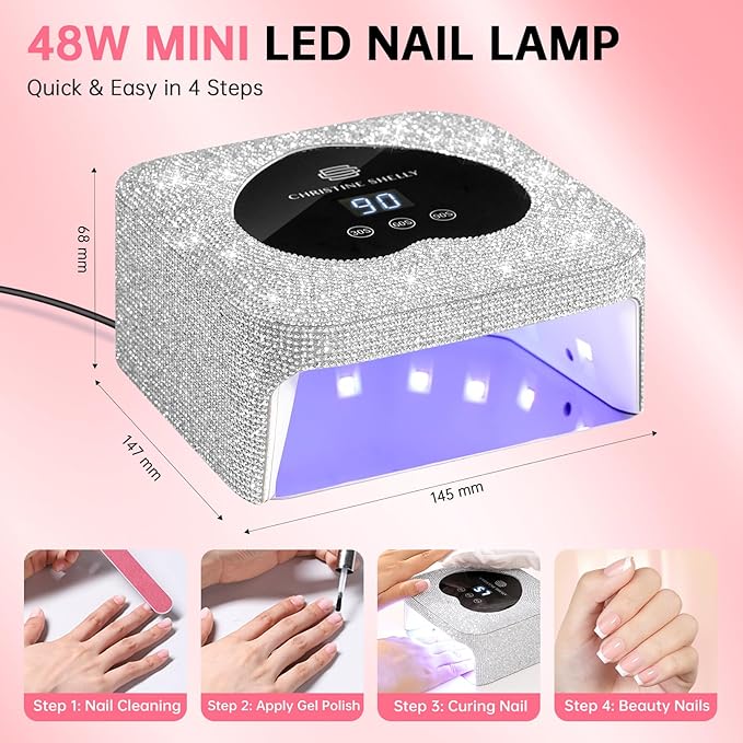 UV Nail Lamp, CHRISTINE SHELLY UV Light for Gel Nails, 48W Plug-in Mini Diamond Nail Lamp Nail Dryer with Touch Control Auto Sensor and 3 Timer Settings Nail Light Curing Lamp, Home, White Diamond