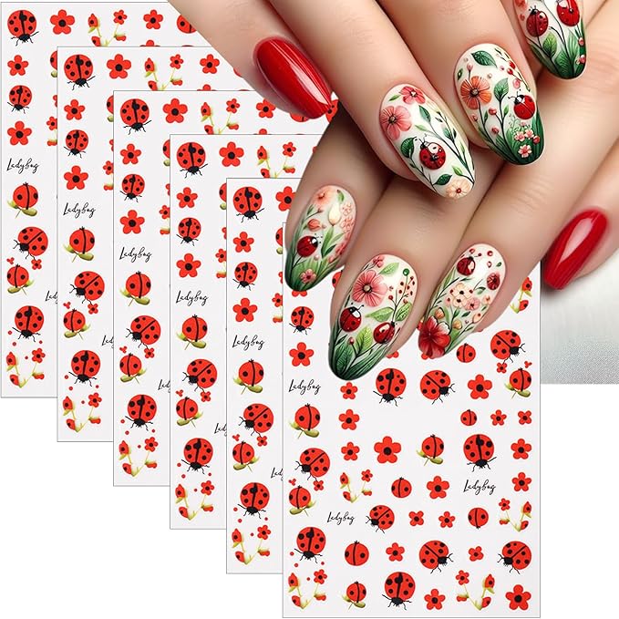 6Sheets Spring Nail Art Stickers Decals 3D Self Adhesive Ladybug Nails Decals Red Flower Nail Stickers Summer Insect Animal Floral Nails Design Sticker Cute Manicure Supplies for Women Girl DIY Charms