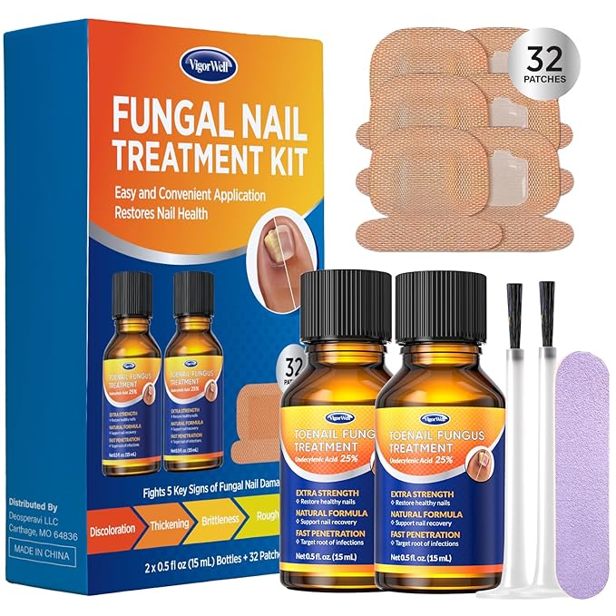 Toenail Fungus Treatment Extra Strength: Dual Action Nail Repair Kit for Thick, Brittle or Discolored Nails - 30 ml Nail Repair Gel with 25% Undecylenic Acid - (Medium) 32 Fungal Nail Patches