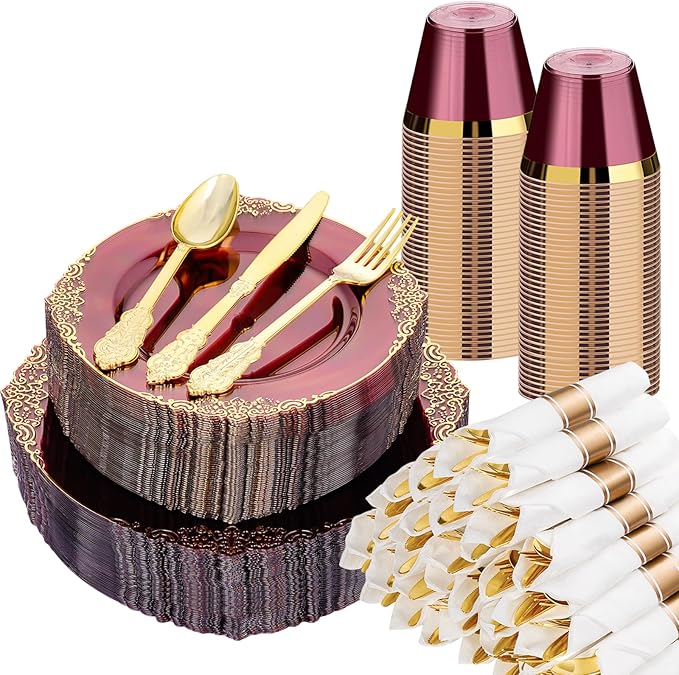 Bestluck 350PCS Burgundy Disposable Dinnerware by Bestluck