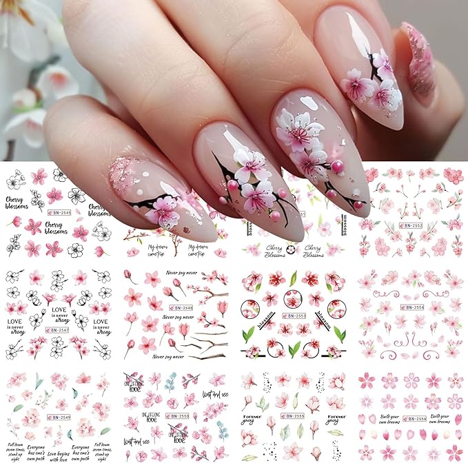 Flower Decals Nail Art Stickers 48 Designs Spring Water Transfer Stickers for Nails Colorful Flower Leaf Cherry Blossoms Rose Pattern DIY Decoration Nail Supplies for Women Girl 4 Sheets