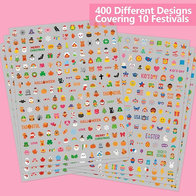 Mini Nail Stickers for Kids - 1200 Pcs All Holiday Favors for Little Girl, 11 Holidays 3D Cute Halloween, Christmas Designs - DIY Home Nail Art Decals for Toddler Easter Basket (6 Sheets)