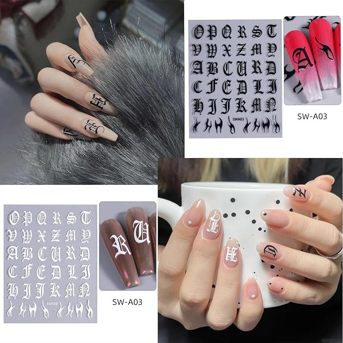 8 Sheets Letters Nail Stickers Decals Alphabet Numbers Nail Decals for Nail Art 3D Self-Adhesive Metallic Black Silver Gold Nail Art Stickers Supplies for Women Girls Nail Decoration Manicure