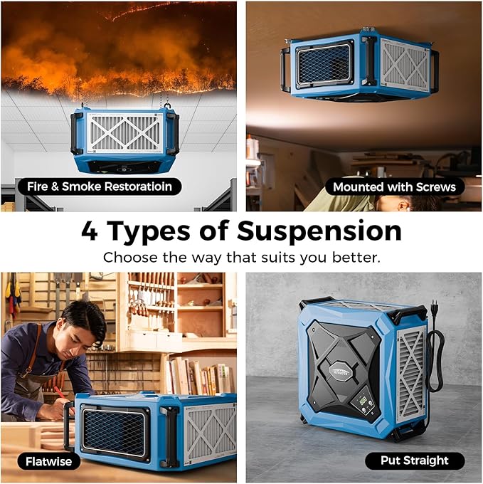 ALORAIR 270° Intake (780/1080 CFM) Hanging Air Filtration System Woodworking Built-In Ionizer with Remote Control & Strong Vortex Fan, Shop Dust Collector for Home, Garage, Work Shop, Purecare 1080IG