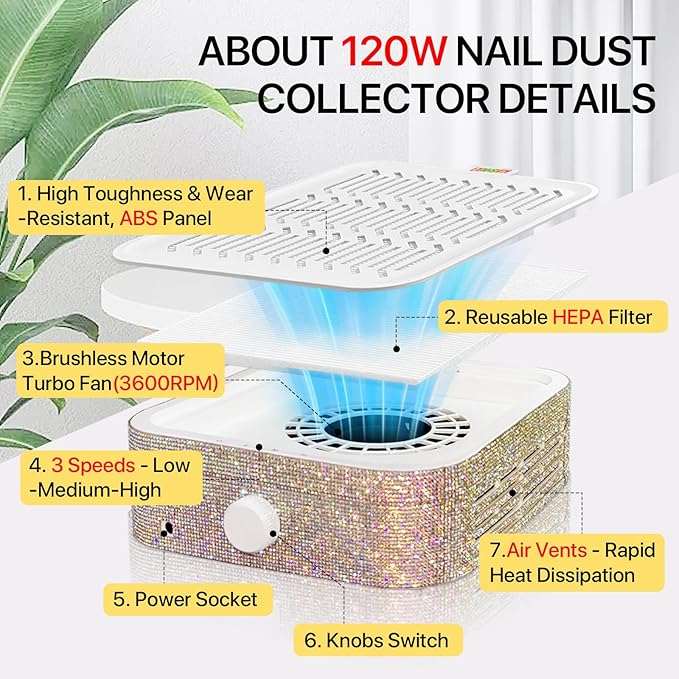 Nail Dust Collector, 120W Nail Vacuum Dust Collector (3600RPM), with Reusable Nail Dust Filters & Desktop and Portable Nail Dust Brush, Perfect for Nail Techs & Home's Salon, Diamond Surface