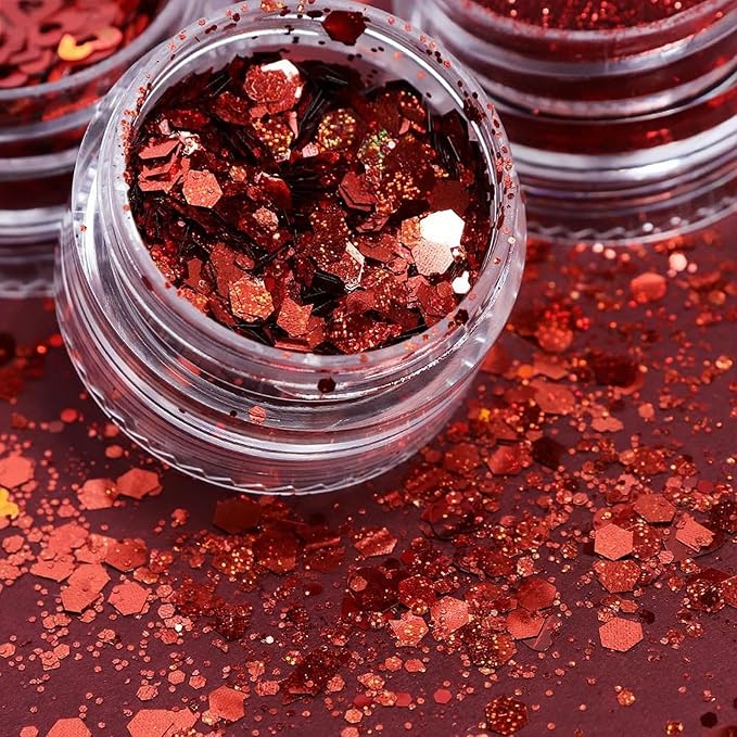Heart Nail Art Glitter Red Valentines Day Nail Sequins Flakes, Red Manicure fine Glitter Powder, 3D Holographic Round Hexagon Nail Stickers Decals Supplies Nail Charms for Women 6 Box