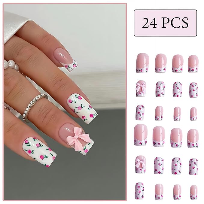 French Flowers Press on Nails Medium Square Fake Nails with Bow Rhinestones Design False Nails Glossy Spring and Summer Flowers Glue on Nails Artificial acrylic for Women Nails Decoration 24Pcs