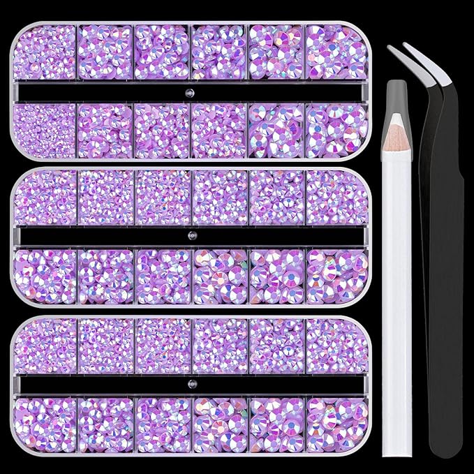 5000PCS Resin Rhinestones with Tweezers for Crafting, 2/3/4/5/6mm Flatback Jelly Rhinestones, 3 Box Lavender Purple AB Non Hotfix Crystal Gems for DIY Crafts Mugs Tumblers Clothes Makeup Nail