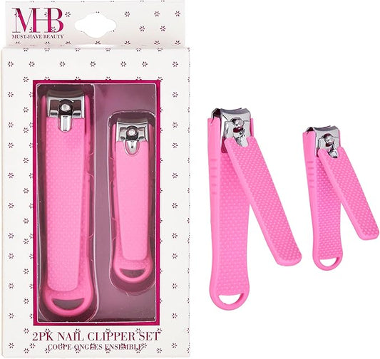 2pc Nail Clipper Set - Big & Small Precision Nail Clippers Value Pack, Water-Resistant Pink Nail Clippers with Comfortable Silicone Grip (Fuchsia)