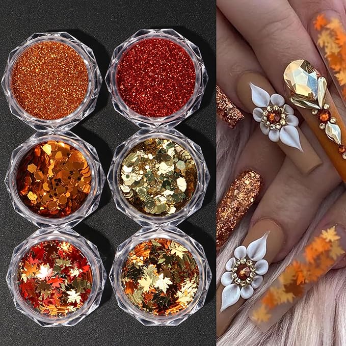 Thanksgiving Fall 3D Maple Leaf Nail Art Glitter Sequins, Mixed Red & Orange Nail Glitter Powder Polygons Sequins Fall Nail Decals for for Women Nail Decorations Supplies DIY Manicure Accessories
