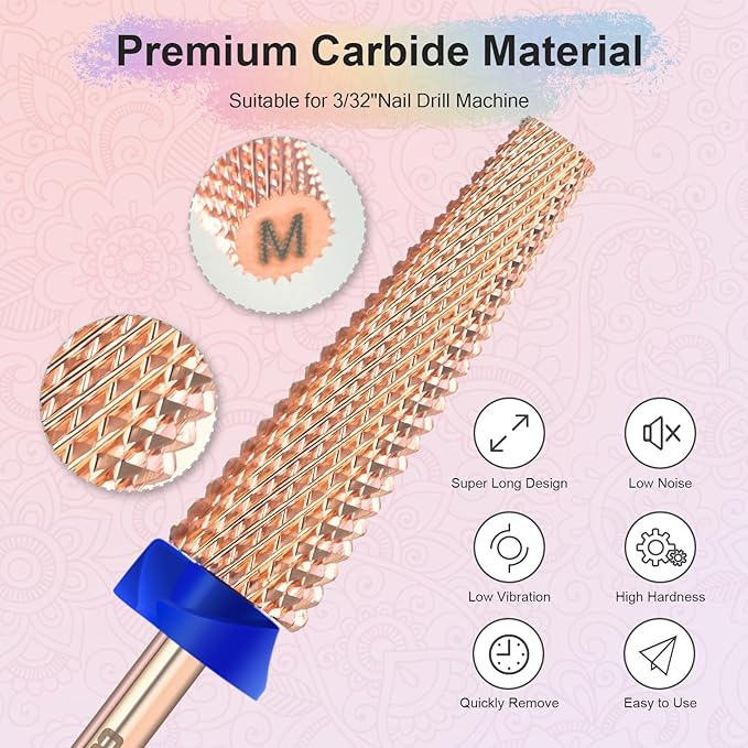 Depvko Super Long 5 in 1 Nail Drill Bits, 3/32'' Carbide Tungsten Bits, Two Way Rotate Professional Advanced Safety Bits for Nail, Fast Remove for Manicure Pedicure (Long 5in1-Rose Gold, Medium-M)