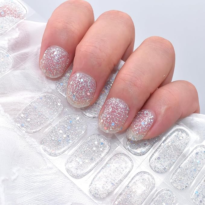 Semi Cured Gel Nail Strips Salon-Quality, Long Lasting Adhere Nail Art Stickers Decals (Glitter Sequins)