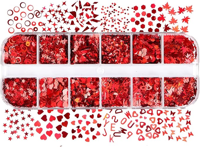 Laser Red Glitter Nail Art Sequins, Holographic 3D Glitters Flakes Decor, Love Heart Letters Butterfly Flowers Stars Circle Nail Art Designs for Women Manicure Charms Decorations False Nails Supplies