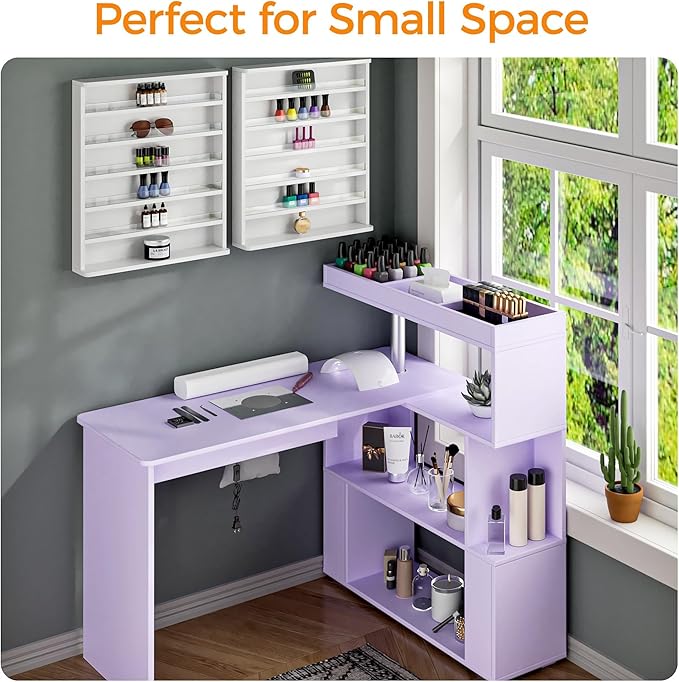 Manicure Table, L-Shaped Nail Tech Desk with Dust Collector, Reversible Rotating Table & Storage Shelf, Acetone Resistant Beauty Salon Station, Purple
