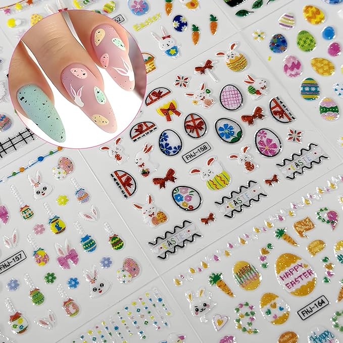 30 Sheets Easter Nail Stickers for Nail Art 3D Self Adhesive Bunny Nail Art Stickers Colorful Egg Nail Decals Easter Nail Supplies Decoration Accessories for Women Girls