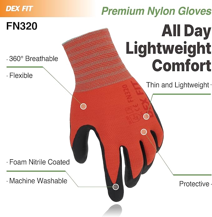 DEX FIT Nylon Work Gloves FN320, 3D Comfort Fit, Power Grip, Lightweight, Touchscreen for Men & Women, Breathable & Flexible for Yard Work DIY Mechanic Warehouse; Red 8 (M)