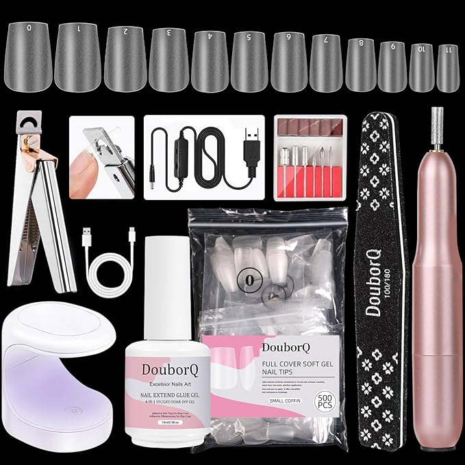 Major Dijit Gel Kit - Beginner Set With Drill, 0.5oz 4-in-1 Glue, 500PCS Small Coffin Tips, Clipper, UV Lamp for Extension & Art (Small Coffin)