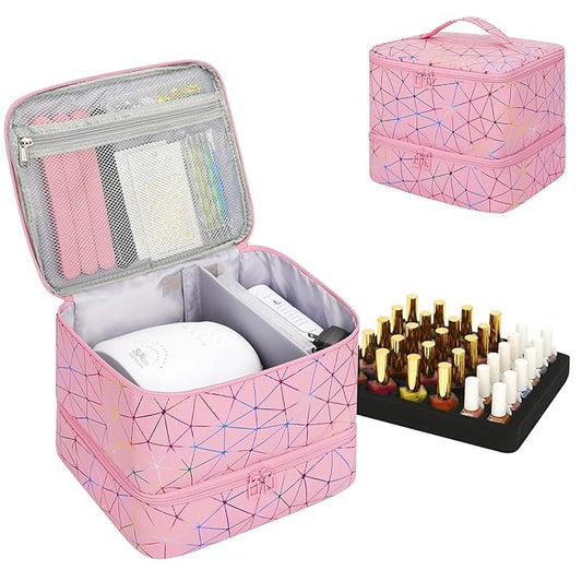 Ethereal Small Nail Polish Organizer Case Holds 32+ Bottles(15ml/0.5fl.oz) and Nail Lamp, Double Layer Nail Polish Storage Bag for Nail Kit, Manicure Tools, Diamond Pink