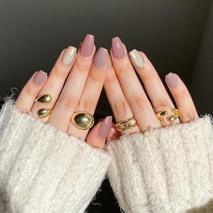 Semi Cured Gel Nail Strips-School Policy Semi-Gel Stickers, Muted Neutrals, Quiet Typing Low Profile, Chip Resistant Works with Any UV/LED Lamps(Champagne Gold)