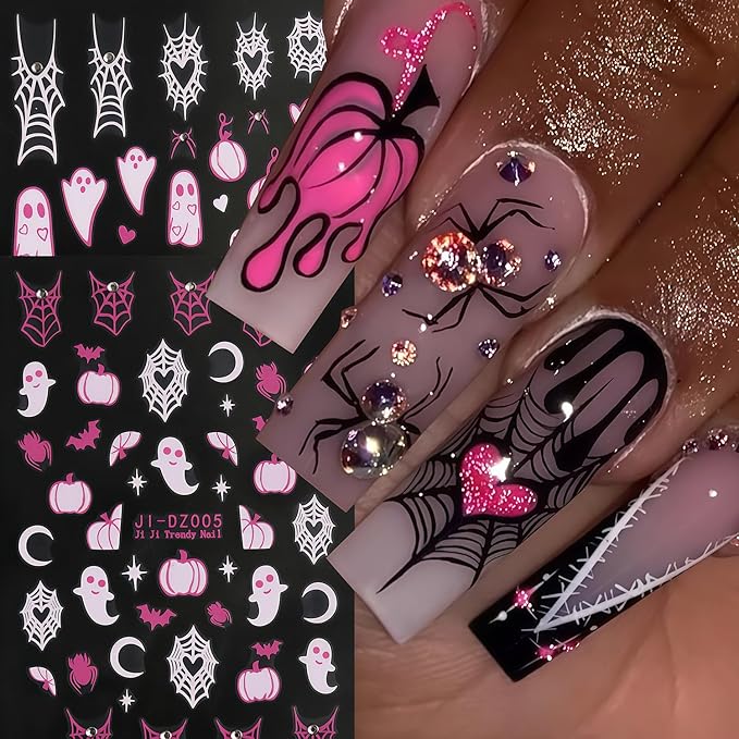 Halloween Nail Art Stickers Ghost Nail Decals Shiny Crystal Diamonds Rhinestones Spider Web Spooky Spider Nail Art Design Stickers Cute Fall Holiday Manicure Decoration for Salon Acrylic Nails