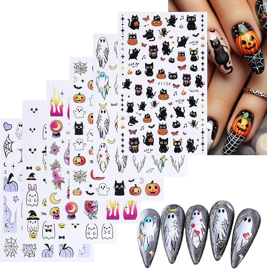 Halloween Nail Stickers for Nail Art Cute Ghost Black Cat Pumpkin 3D Self-Adhesive Nail Decals Nail Art Supplies Ghost Skull Flame Pumpkin Nails Design Manicure Stickers for Nails Decoration 6Sheets
