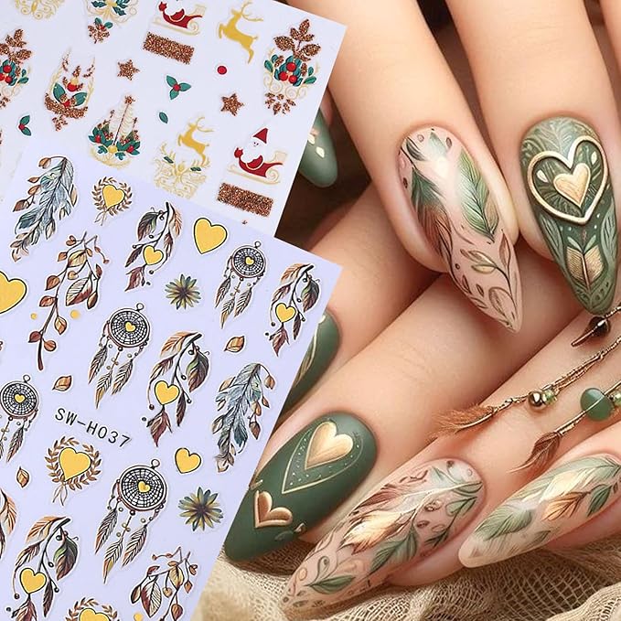 4Sheets Christmas Nail Art Stickers 3D Self-Adhesive Sock Bell Bow Nail Decals for Acrylic Nails Heart Dream Catcher Designs Nail Sticker Glitter Santa Claus Elk Nail Decal for Women DIY Nails Decor