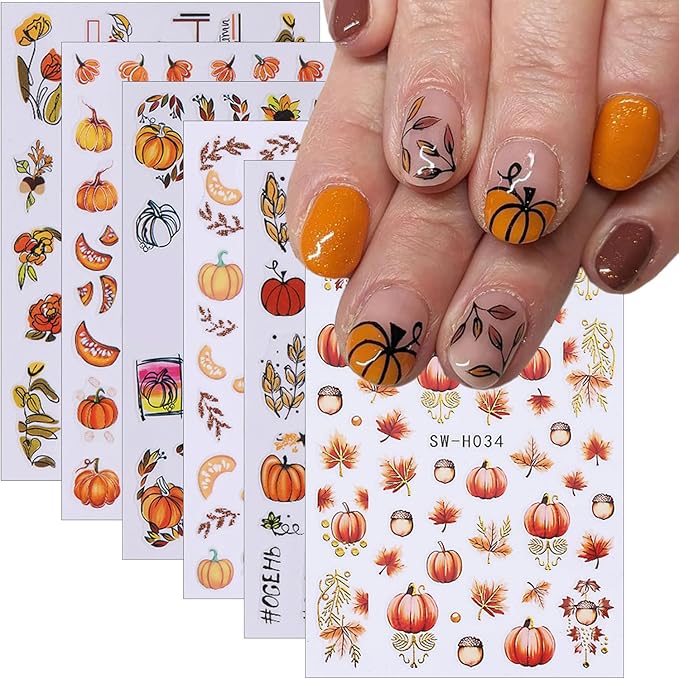 6 Sheets Fall Nail Stickers 3D Self Adhesive Thanksgiving Nail Decals Cute Pumpkin Nail Art Stickers Sunflower Maple Leaf Flower Nail Design Sticker Supplies for Women DIY Autumn Nail Decoration