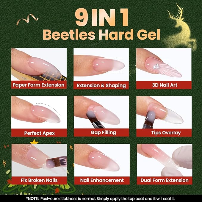 Beetles Hard Gel Kit-Christmas Limited 3 Colors 9 in 1 Nail Extension Sculpting Building Apex High Hardness for Salon Professionals Tech Use,Nude Pink Clear Builder Nail Gel,UV & LED Lamp Cured Needed