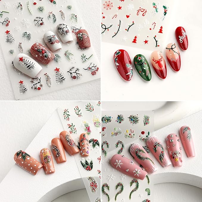 4Sheets Christmas Nail Art Stickers 3D Embossed Xmas Tree Elk Nail Decals for Acrylic Nails Self-Adhesive Holly Leaves Designs Nail Stickers Snowflake Star Nail Decal for Women Festive Manicure Decor
