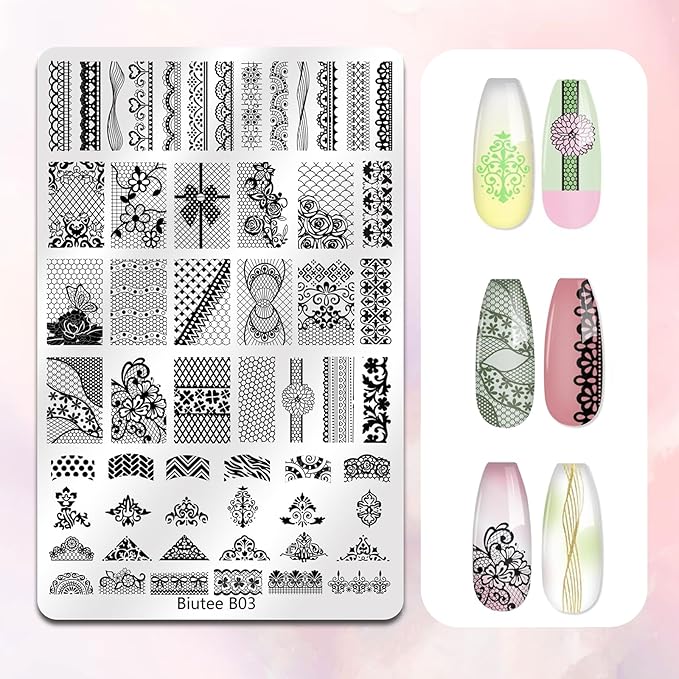 Biutee Nail Stamping Kit 2Pcs Nail Art Stamping Plates 4Pcs Stamping Gel Polish French Tip Nail Stamp Kit 110 Patterns with Silicone Stamper Scraper Large Lace Stamp Template Christmas Gift for Women