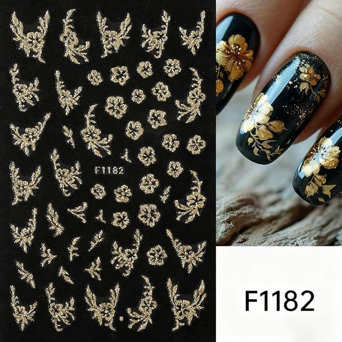 8Pcs Fall Nail Art Stickers, Gold Maple Leaves Nail Decals 3D Self-Adhesive Gold Fall Leaves Nails Stickers Glitter Nail Art Supplies for Women Nail Decoration