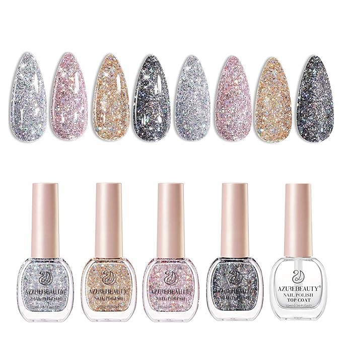 AZUREBEAUTY Nail Polish Set, 4 Colors Dazzling Gold Silver Pink Quick Dry Natural Nail with Top Coat,Professional for Nail Art DIY Manicure and Pedicure at Home