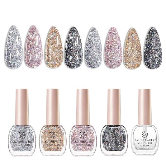 AZUREBEAUTY Nail Polish Set, 4 Colors Dazzling Gold Silver Pink Quick Dry Natural Nail with Top Coat,Professional for Nail Art DIY Manicure and Pedicure at Home