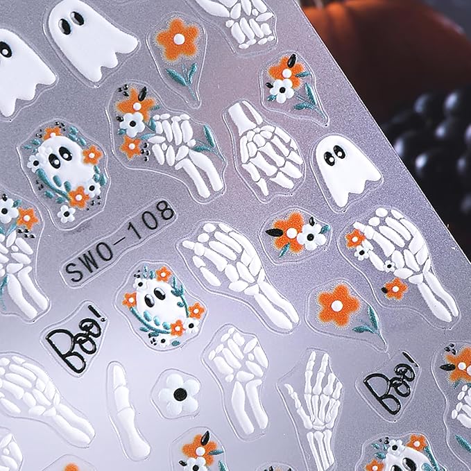 4 Sheet Halloween Nail Stickers 5D Embossed Nail Art Stickers Decals with Spider Web Pumpkin Design Ghost Mummy Nail Stickers for Nail Art Self-Adhesive Nails Supplies for Women Manicure Decor