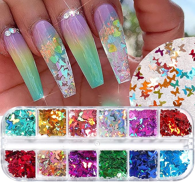 Laser Glitter Butterfly Nail Art Sequins, 3D Butterflies Sparkly Flakes Decoration-12 Colors Holographic Butterfly Shiny Design Supplies for Fingernail and Toenail Nail Accessories DIY Face Makeup