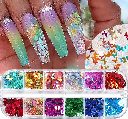 Laser Glitter Butterfly Nail Art Sequins, 3D Butterflies Sparkly Flakes Decoration-12 Colors Holographic Butterfly Shiny Design Supplies for Fingernail and Toenail Nail Accessories DIY Face Makeup