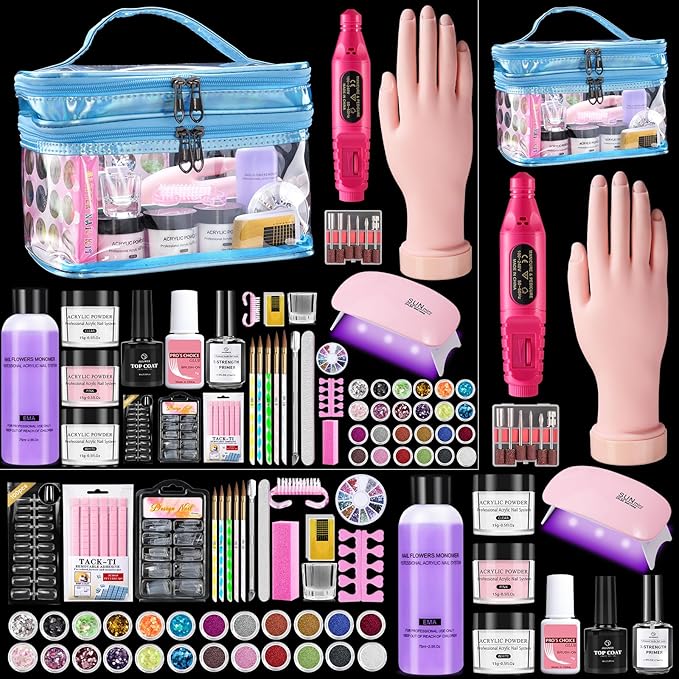 Nail Kit for Beginners with Everything: Professional Nail Acrylic Powder Liquid Set with Practice Hand Drill U V Light in Cosmetic Bag for Women Salon Home(Blue)