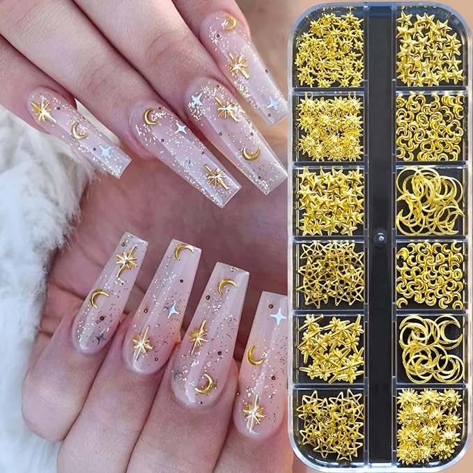 24 Grid Gold Nail Art Charms Moon Star Nail Charms and Gems Gold Nail Rhinestone for Decorations Manicure Supplies Accessories DIY Nail Art Makeup Decoration