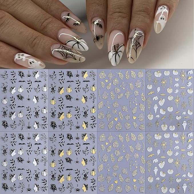 8 Sheets Halloween Nail Stickers 3D Self-Adhesive Glitter Pumpkin Ghost Black Leaf Nail Decals Gold Silver Pumpkin Spider Web Bat Design Nail Stickers for Halloween Party DIY Manicure Kit Decoration