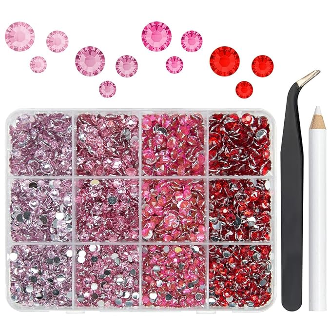 Resin Rhinestones Bulk for Crafting 3mm 4mm 5mm 4 Color Flatback Crystal Stones Non-Hotfix Light Pink Hot Pink Red Resin Gems Diamonds for Nails Eyes Face Makeup Crafts DIY Tumblers Bottles